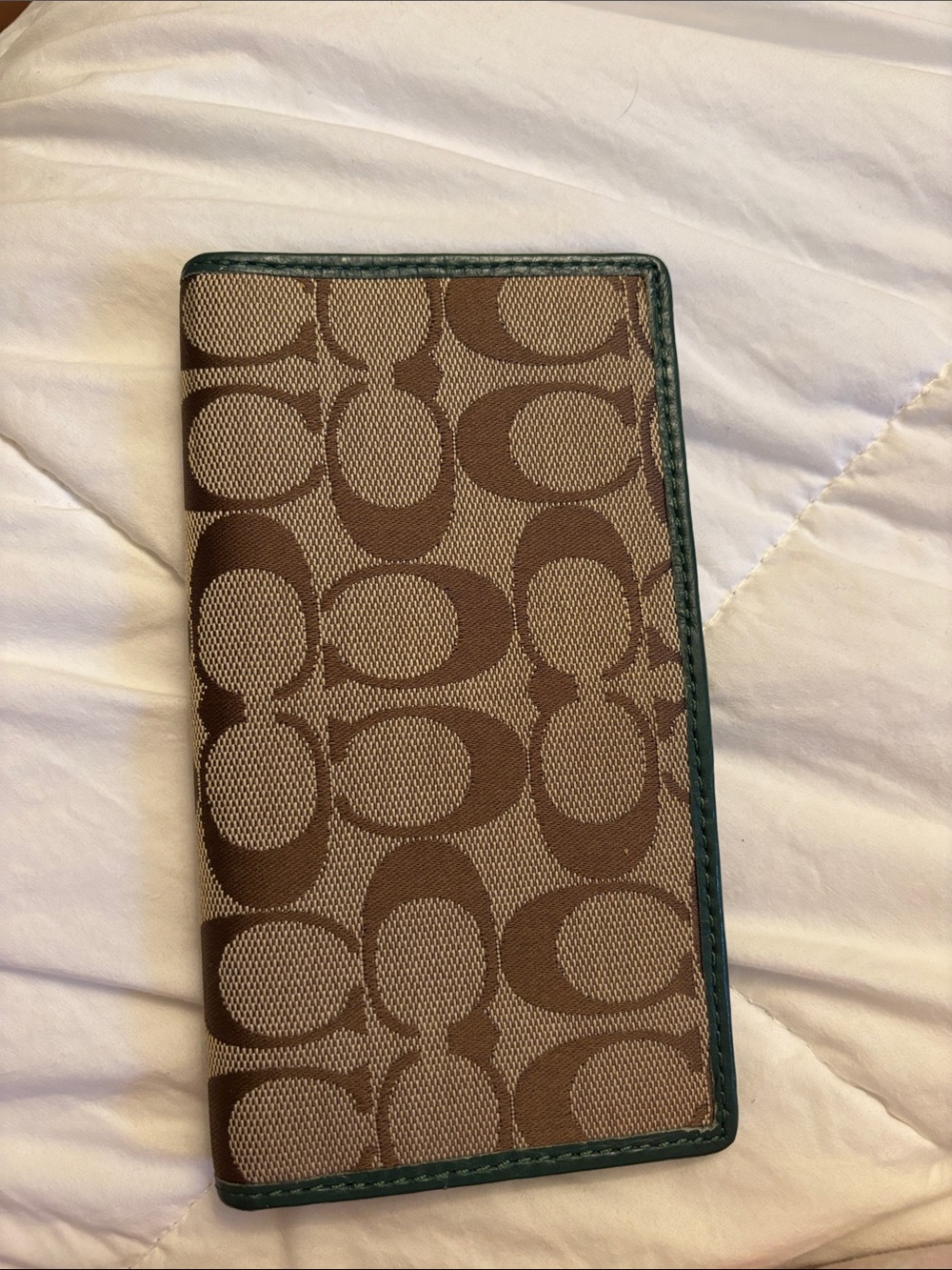 Coach Brown Signature Long Wallet with Green Trim